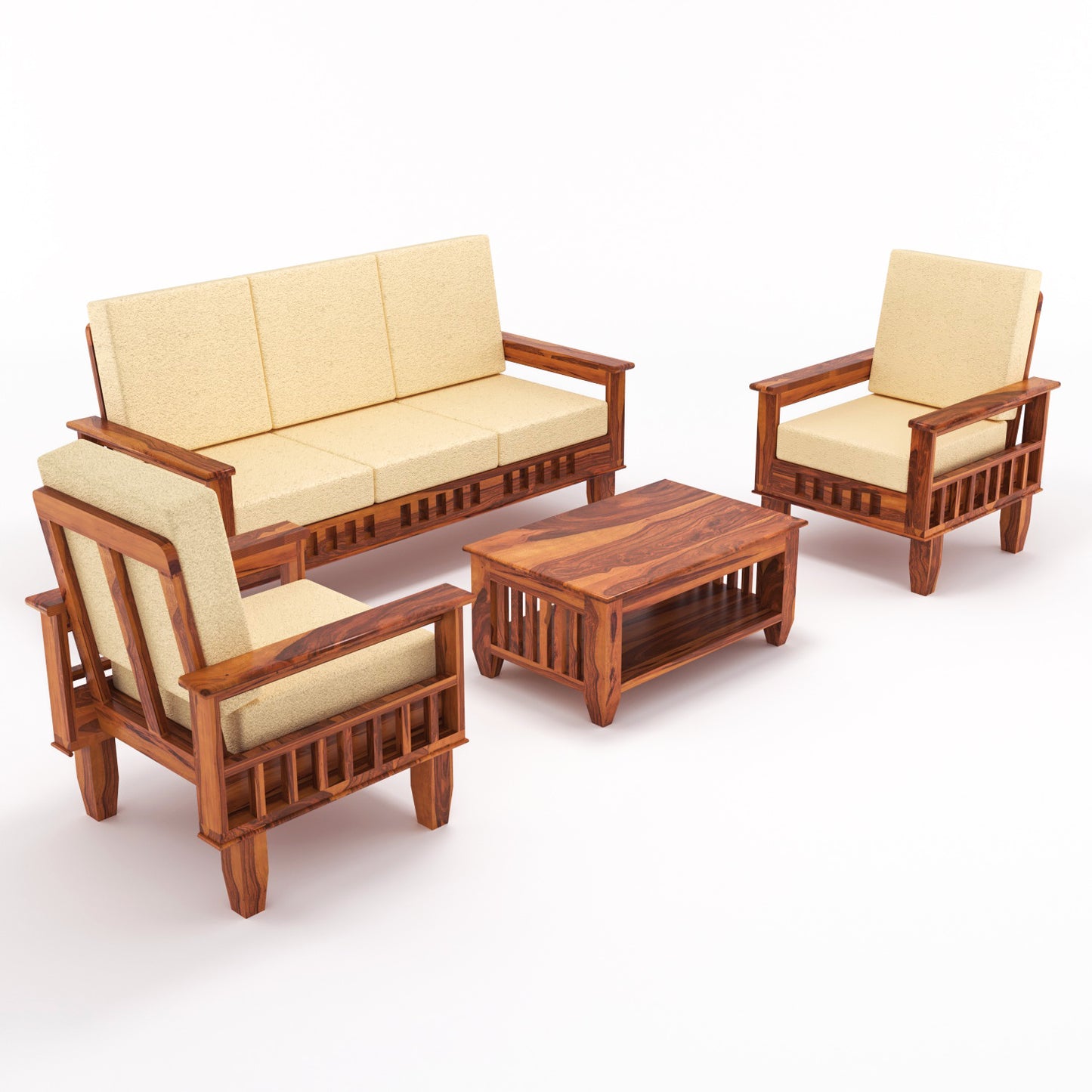 Solid Wood 5 Seater Sofa Set (3 Seater + 2 Single Seaters) | Natural & Walnut Finish with Cushioned Comfort
