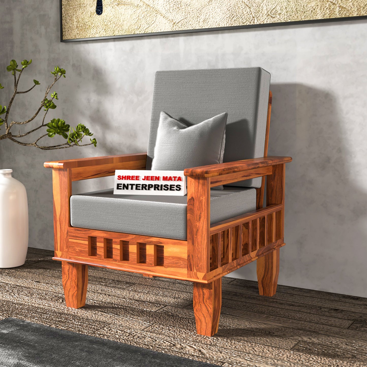 Solid Wood Single Seater Sofa with Natural & Walnut Finish and Cushioned Comfort