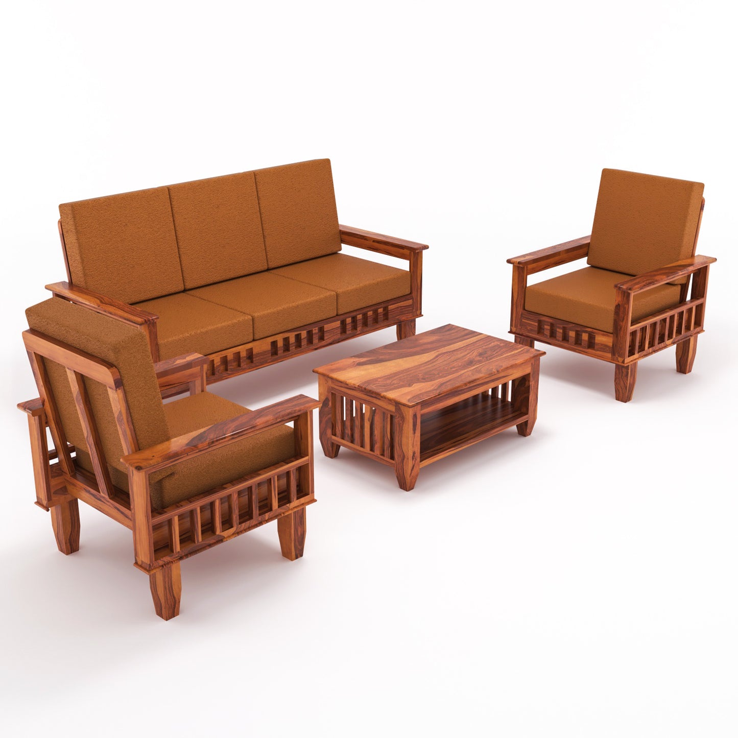 Solid Wood 5 Seater Sofa Set (3 Seater + 2 Single Seaters) | Natural & Walnut Finish with Cushioned Comfort