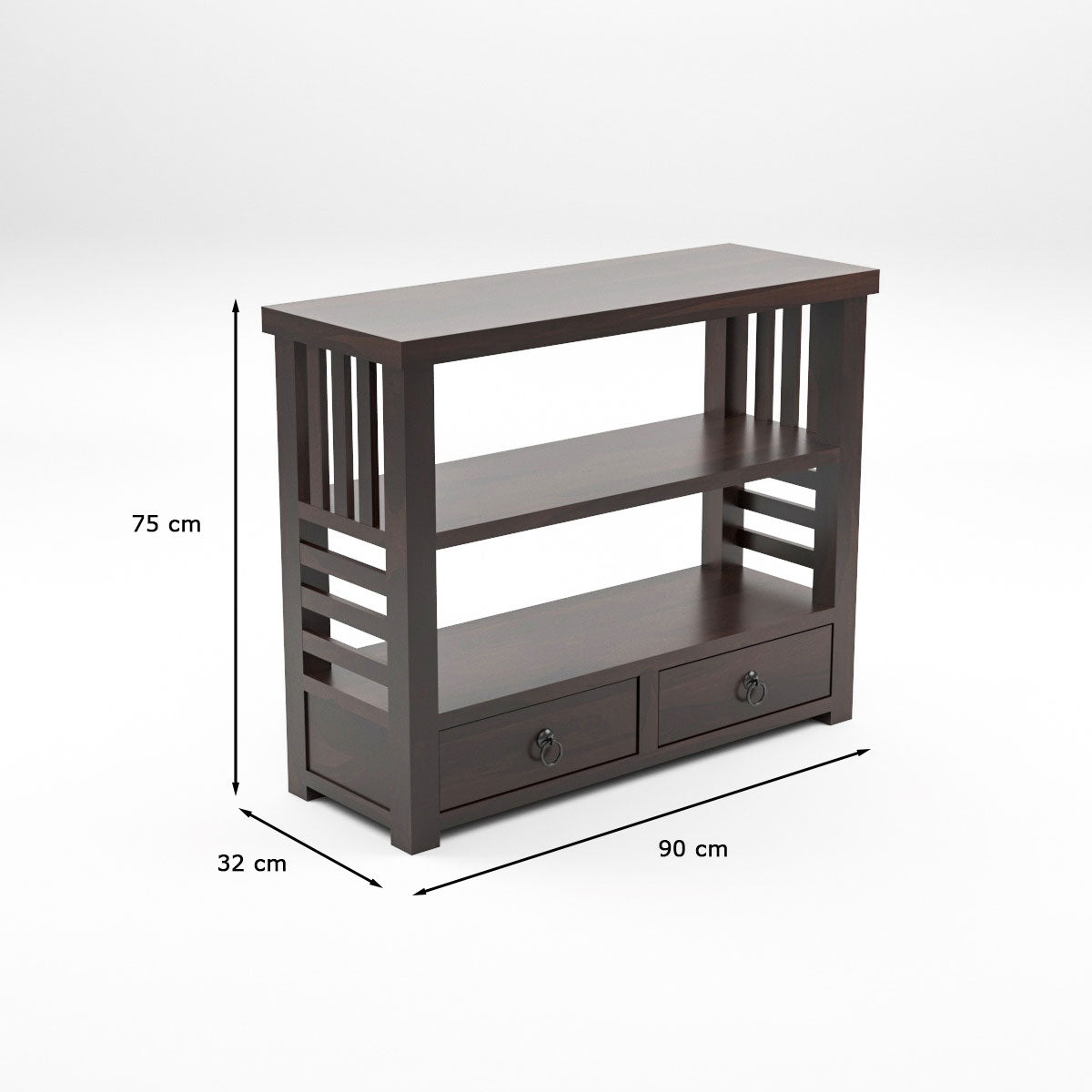 Solid Teak Wood Open Bookshelf with Storage Drawers – 2-Shelf Display & Storage Unit