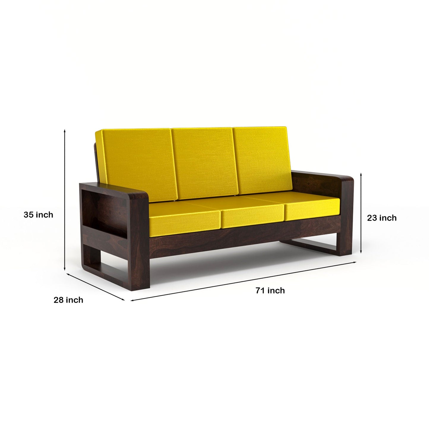 Solid Wood 3 Seater Sofa | Natural & Walnut Finish Wooden Sofa with Cushioned Seating