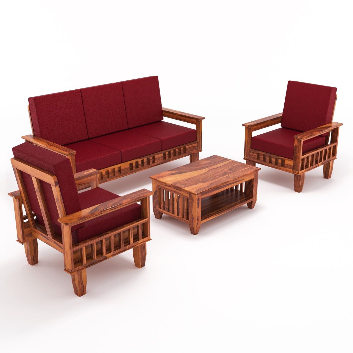 Solid Wood 5 Seater Sofa Set (3 Seater + 2 Single Seaters) | Natural & Walnut Finish with Cushioned Comfort