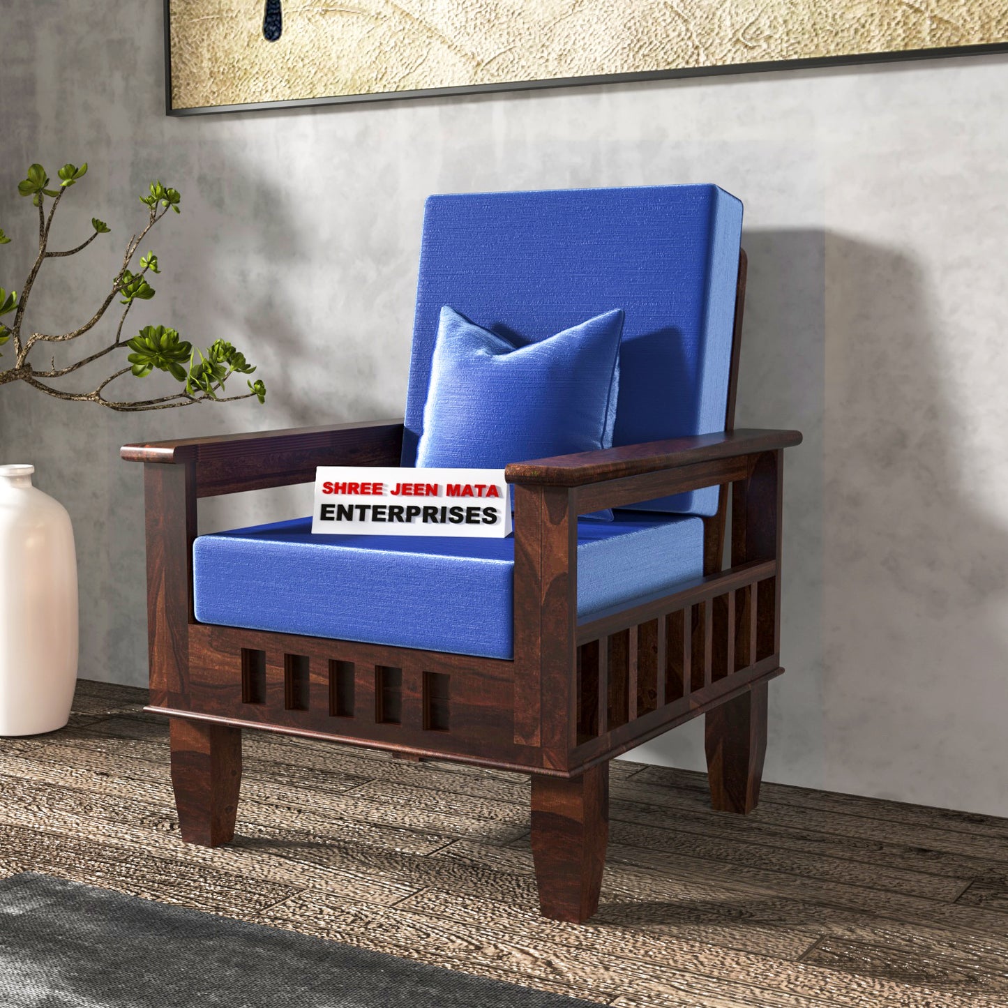Solid Wood Single Seater Sofa with Natural & Walnut Finish and Cushioned Comfort