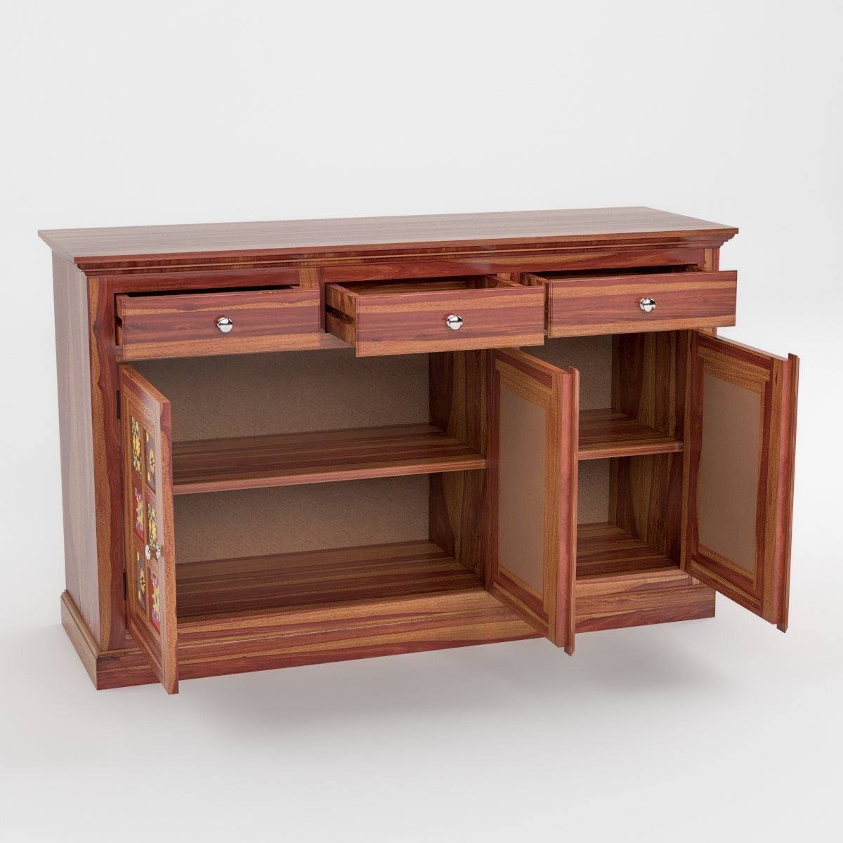 Solid Teak Wood Storage Cabinet with Handcrafted Tile Doors