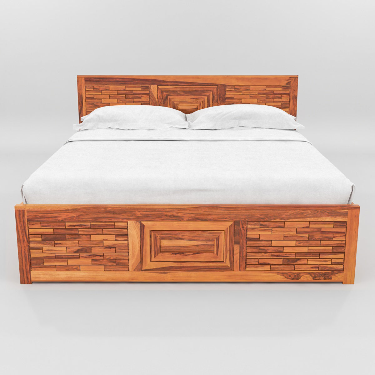 Solid Wood Storage Bed with Designer Panel Headboard – King Size Wooden Bed