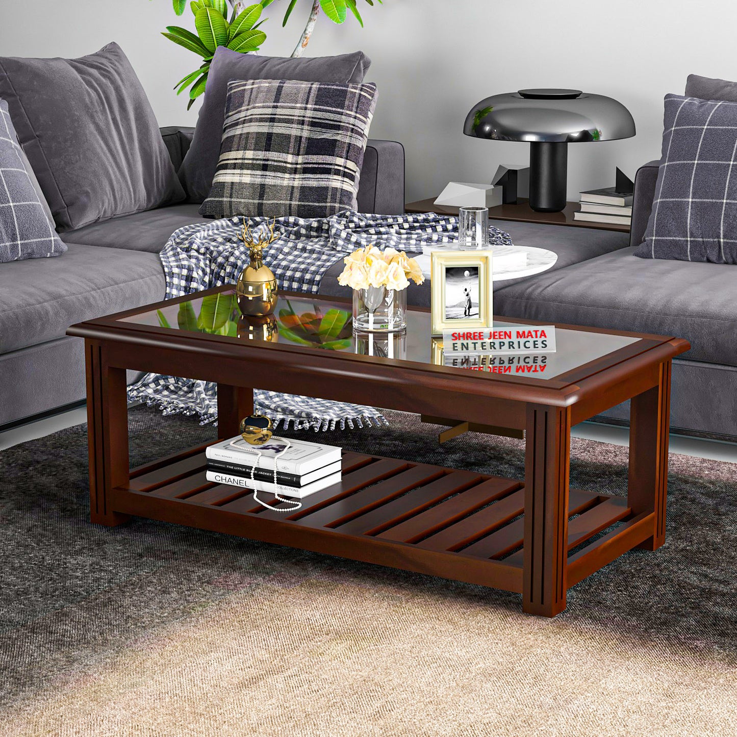 Handcrafted Solid Wood Coffee Table with Glass Inlay Top & Open Storage Shelf