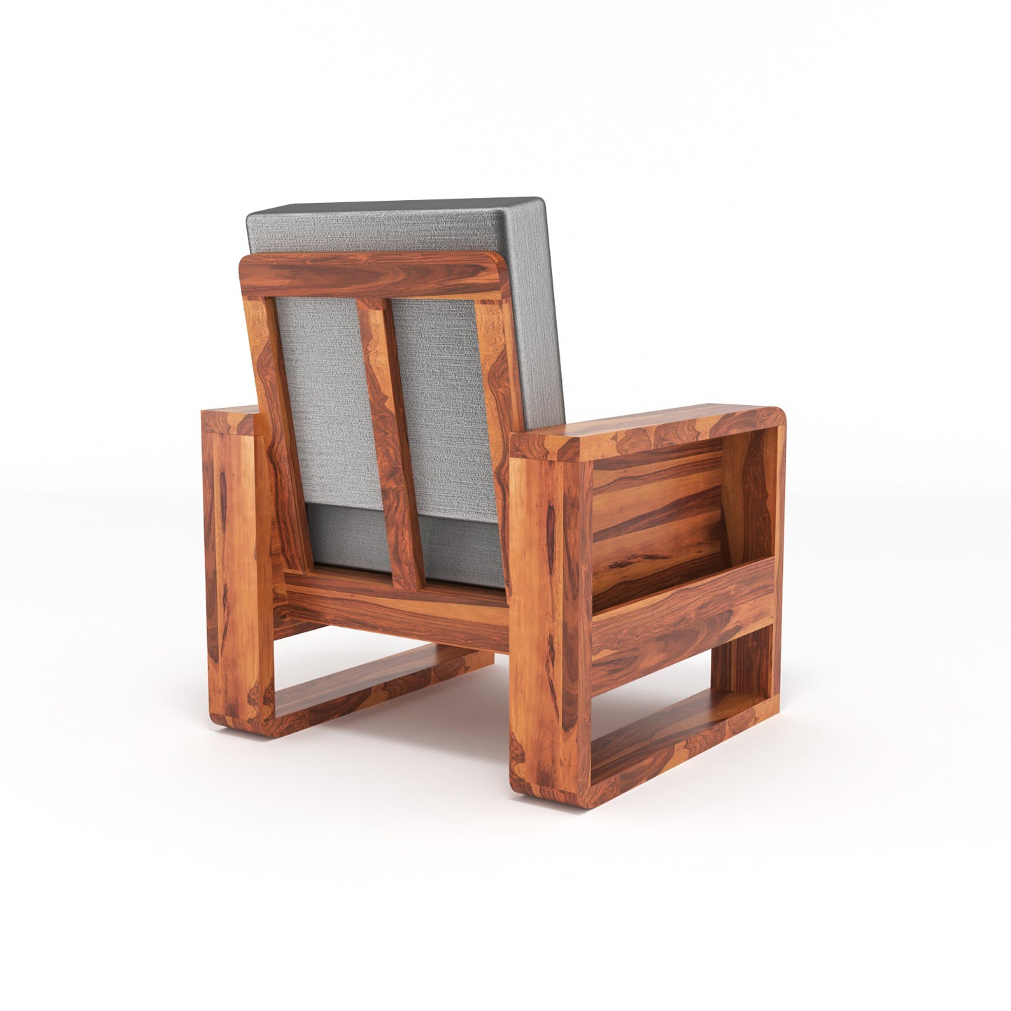 Solid Wood Single Seater Sofa | Natural & Walnut Finish Wooden Chair with Cushioned Comfort