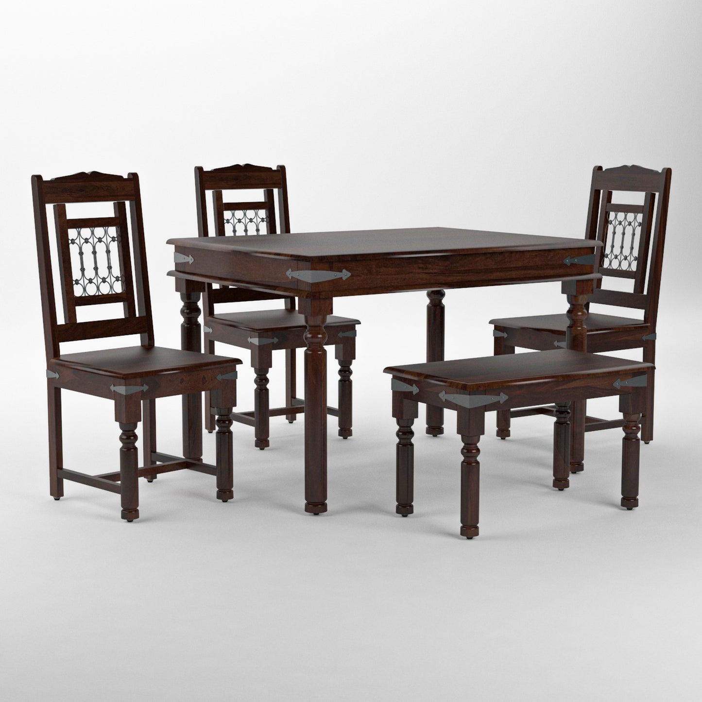 Solid Wood 4 Seater Dining Table Set with 3 Chairs & 1 Bench