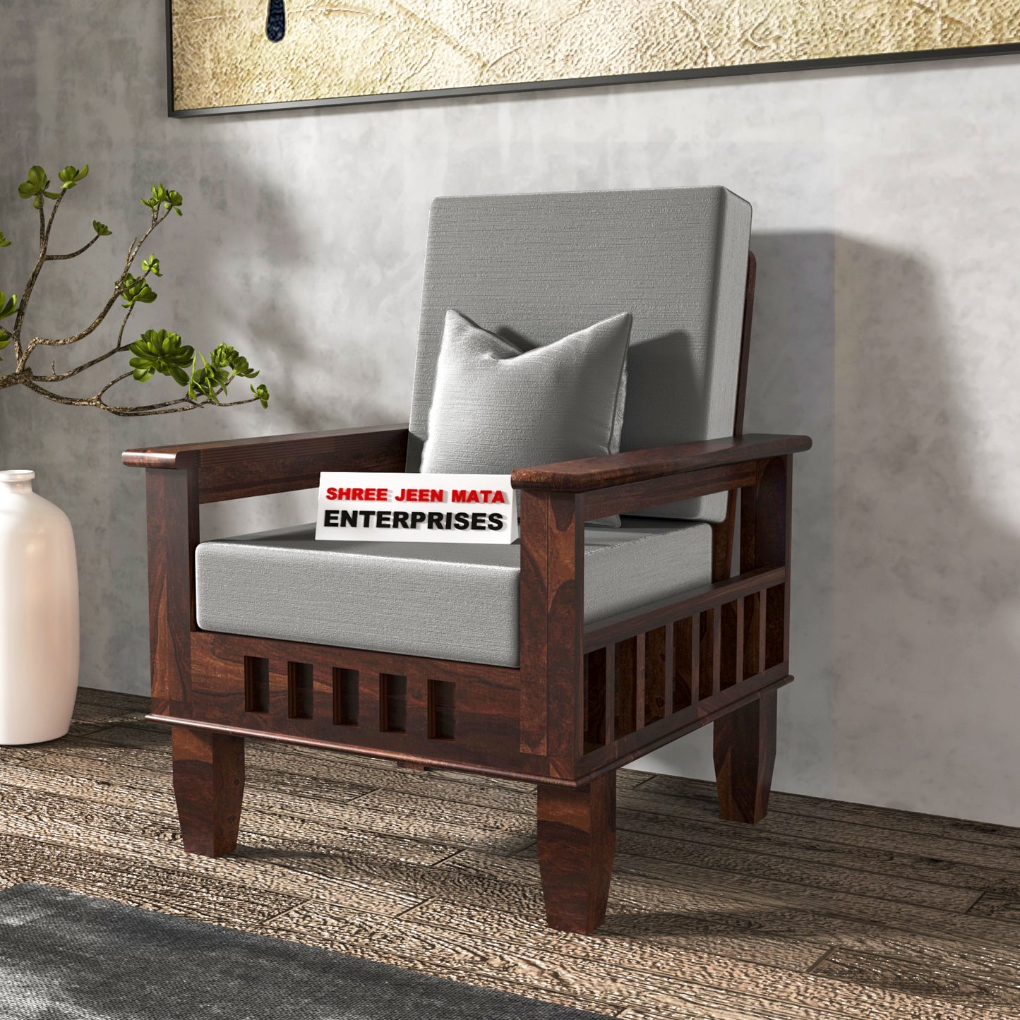 Solid Wood Single Seater Sofa with Natural & Walnut Finish and Cushioned Comfort