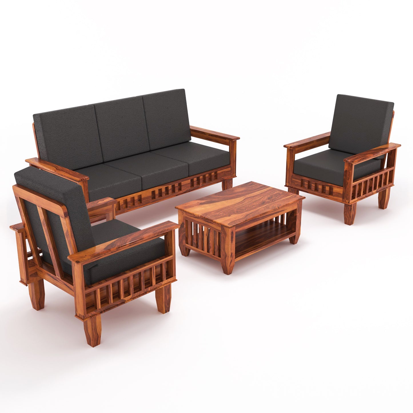 Solid Wood 5 Seater Sofa Set (3 Seater + 2 Single Seaters) | Natural & Walnut Finish with Cushioned Comfort