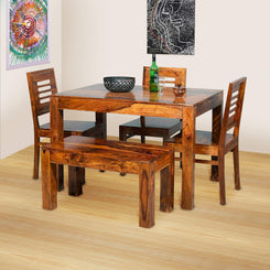 Jeenwood Sheesham Wood 4 Seater Dining Table Set with Chairs for Home - Brown