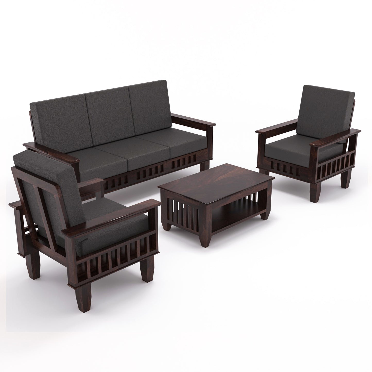 Solid Wood 5 Seater Sofa Set (3 Seater + 2 Single Seaters) | Natural & Walnut Finish with Cushioned Comfort