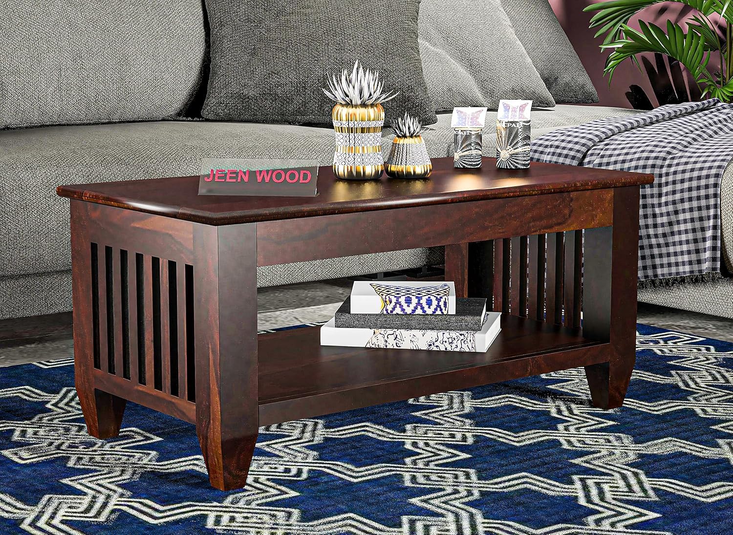 Jeenwood Solid Sheesham Wood Wooden Centre Table, Coffee Table, Center Table Teapoy for Living Room, Bedroom, Wooden Home Furniture - Brown