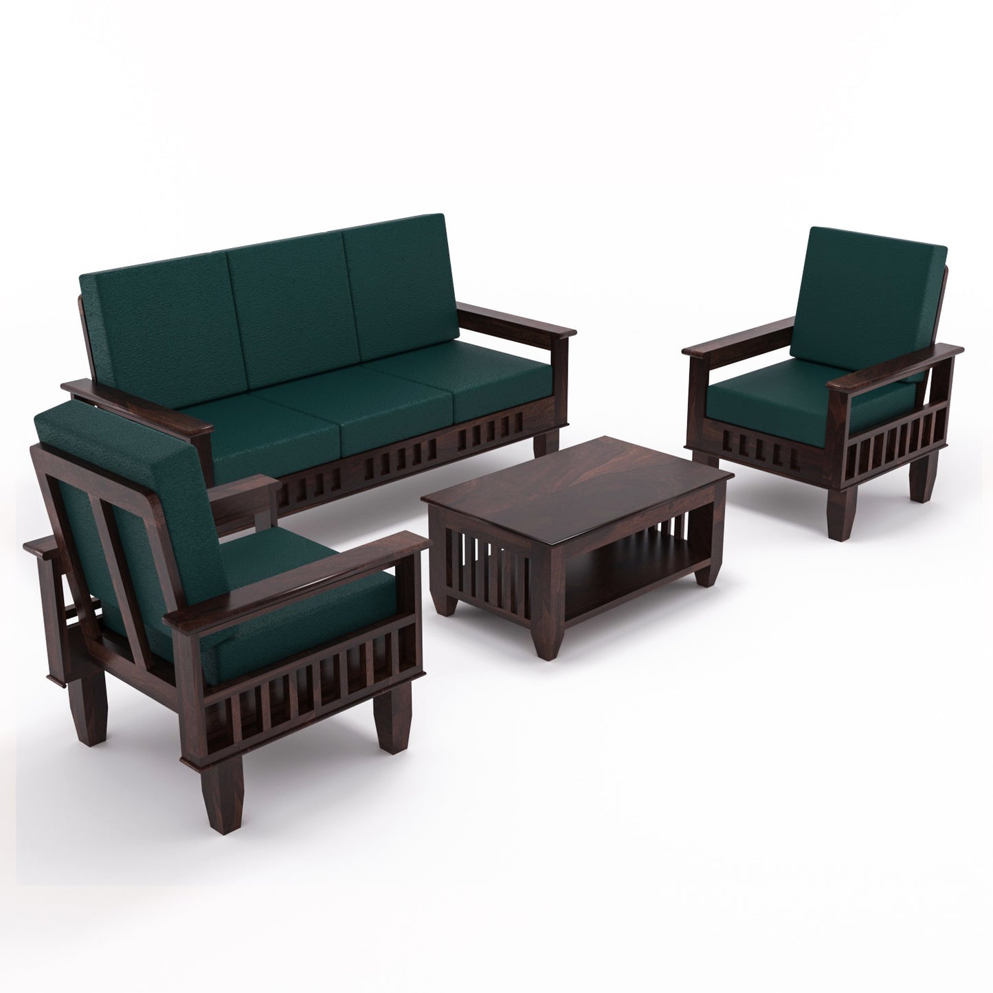 Solid Wood 5 Seater Sofa Set (3 Seater + 2 Single Seaters) | Natural & Walnut Finish with Cushioned Comfort
