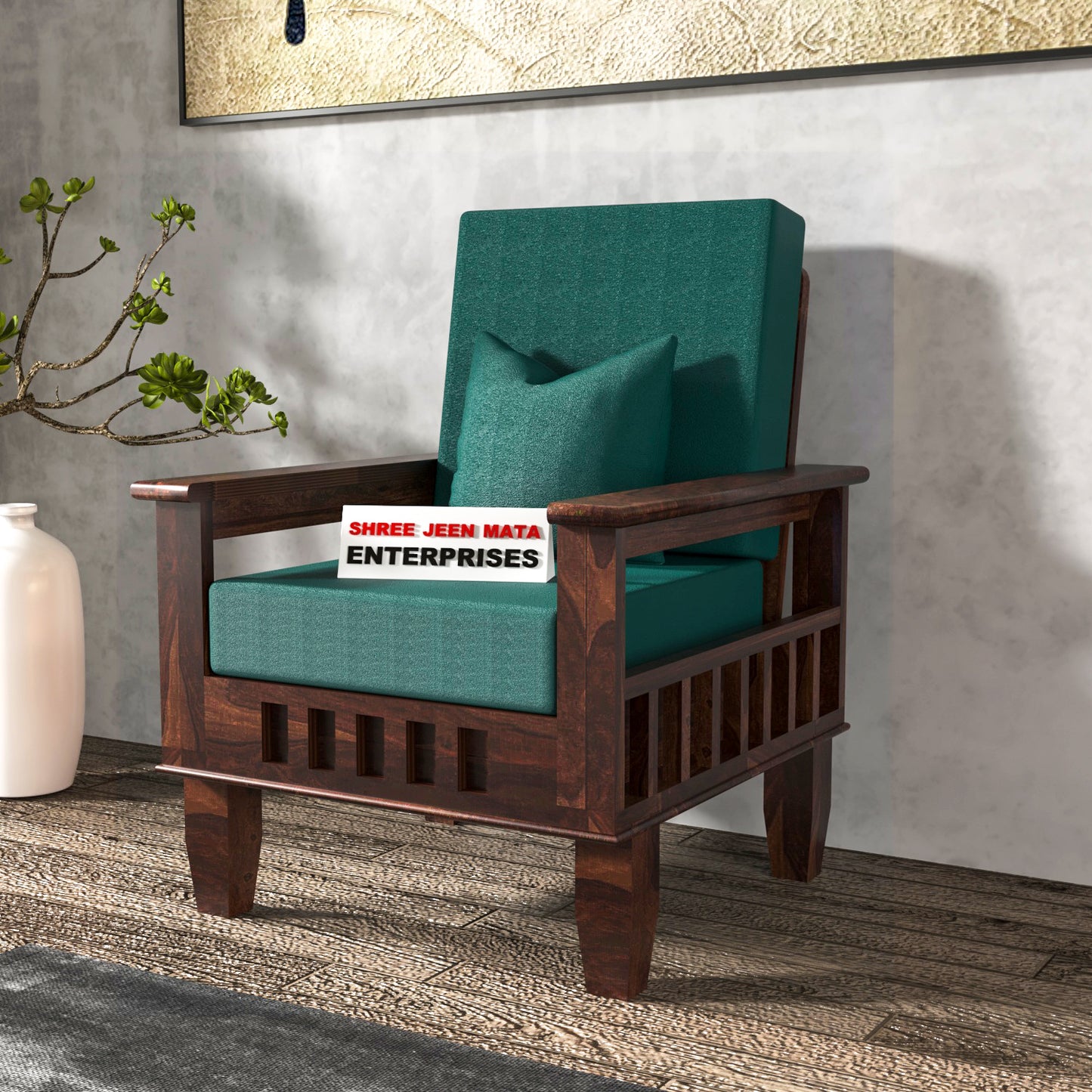 Solid Wood Single Seater Sofa with Natural & Walnut Finish and Cushioned Comfort