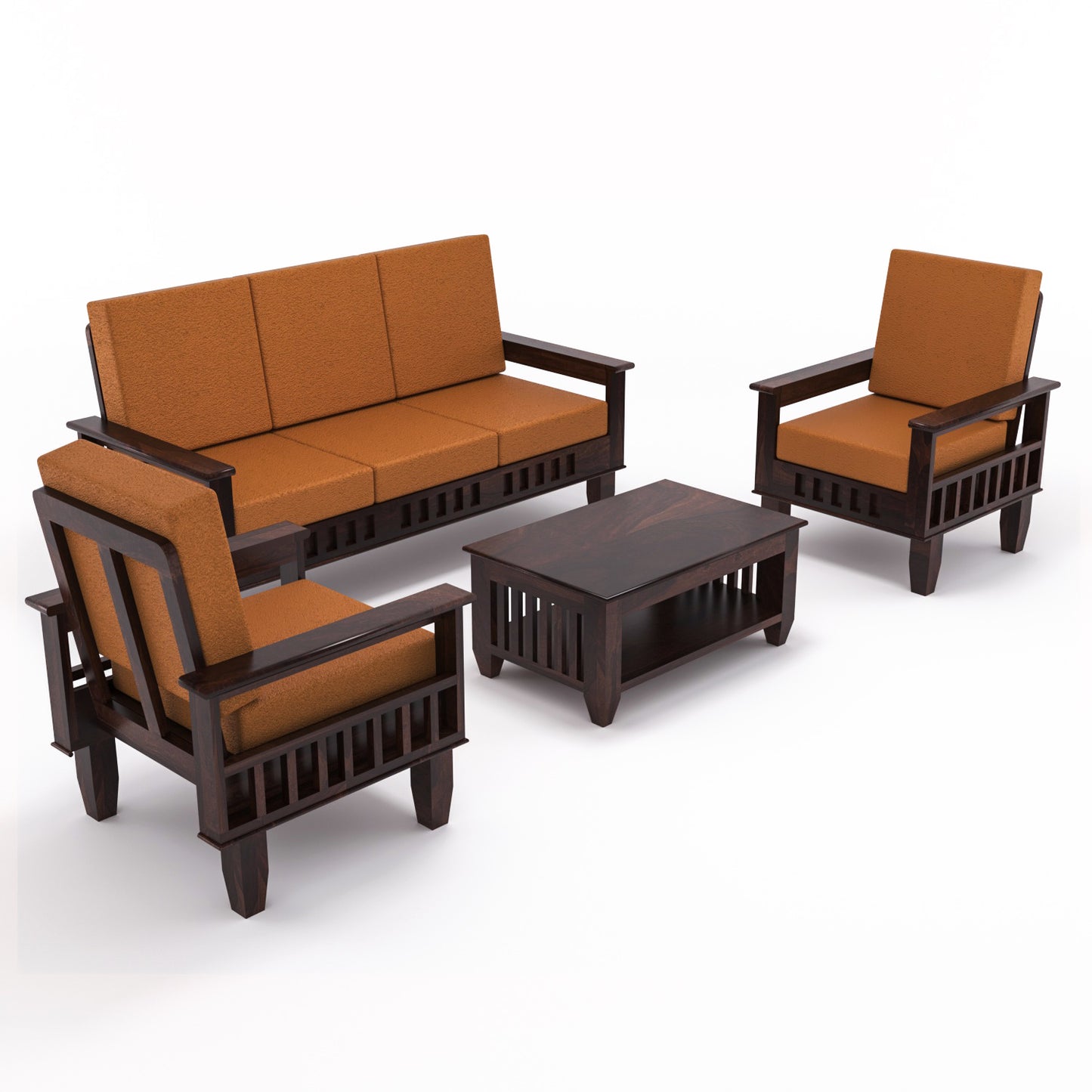 Solid Wood 5 Seater Sofa Set (3 Seater + 2 Single Seaters) | Natural & Walnut Finish with Cushioned Comfort