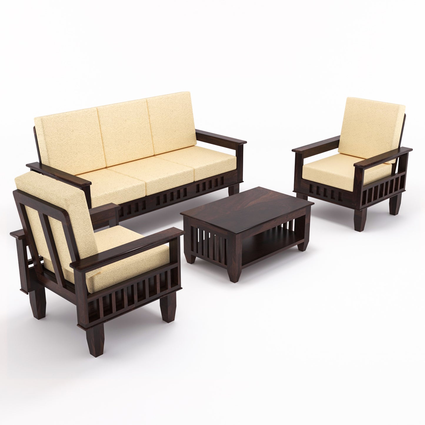 Solid Wood 5 Seater Sofa Set (3 Seater + 2 Single Seaters) | Natural & Walnut Finish with Cushioned Comfort