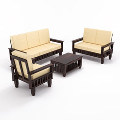 Premium Solid Wood 6 Seater Sofa Set (3+2+1) with Cushioned Seating | Natural & Walnut Finish