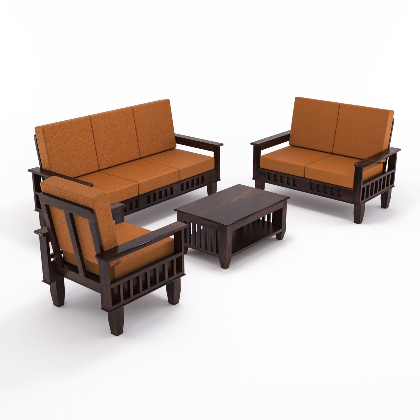 Premium Solid Wood 6 Seater Sofa Set (3+2+1) with Cushioned Seating | Natural & Walnut Finish
