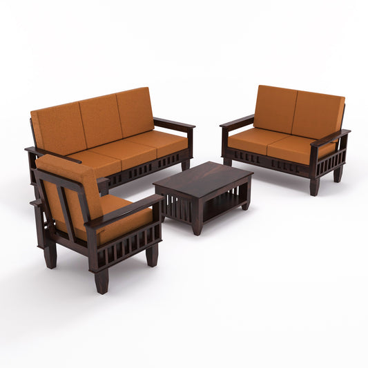 Premium Solid Wood 6 Seater Sofa Set (3+2+1) with Cushioned Seating | Natural & Walnut Finish
