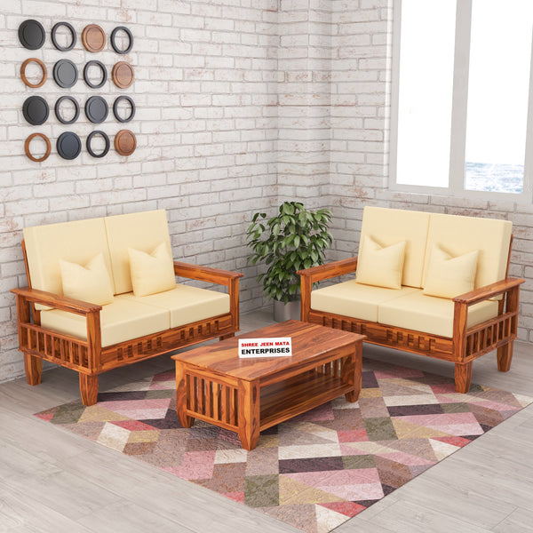 Solid Wood 4 Seater Sofa Set (Set of 2) | Natural & Walnut Finish Wooden Sofa with Cushions