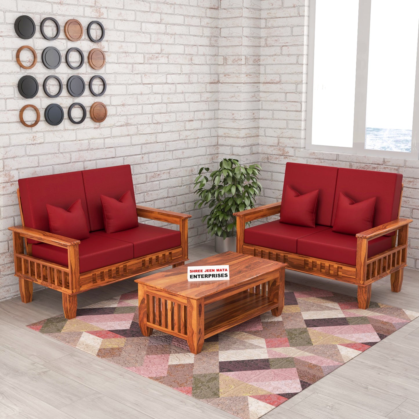 Solid Wood 4 Seater Sofa Set (Set of 2) | Natural & Walnut Finish Wooden Sofa with Cushions