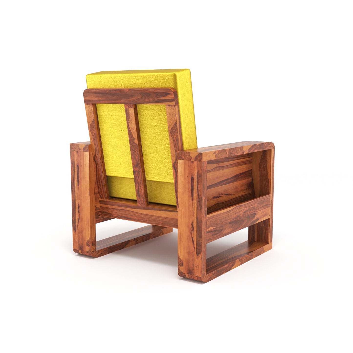 Solid Wood Single Seater Sofa | Natural & Walnut Finish Wooden Chair with Cushioned Comfort