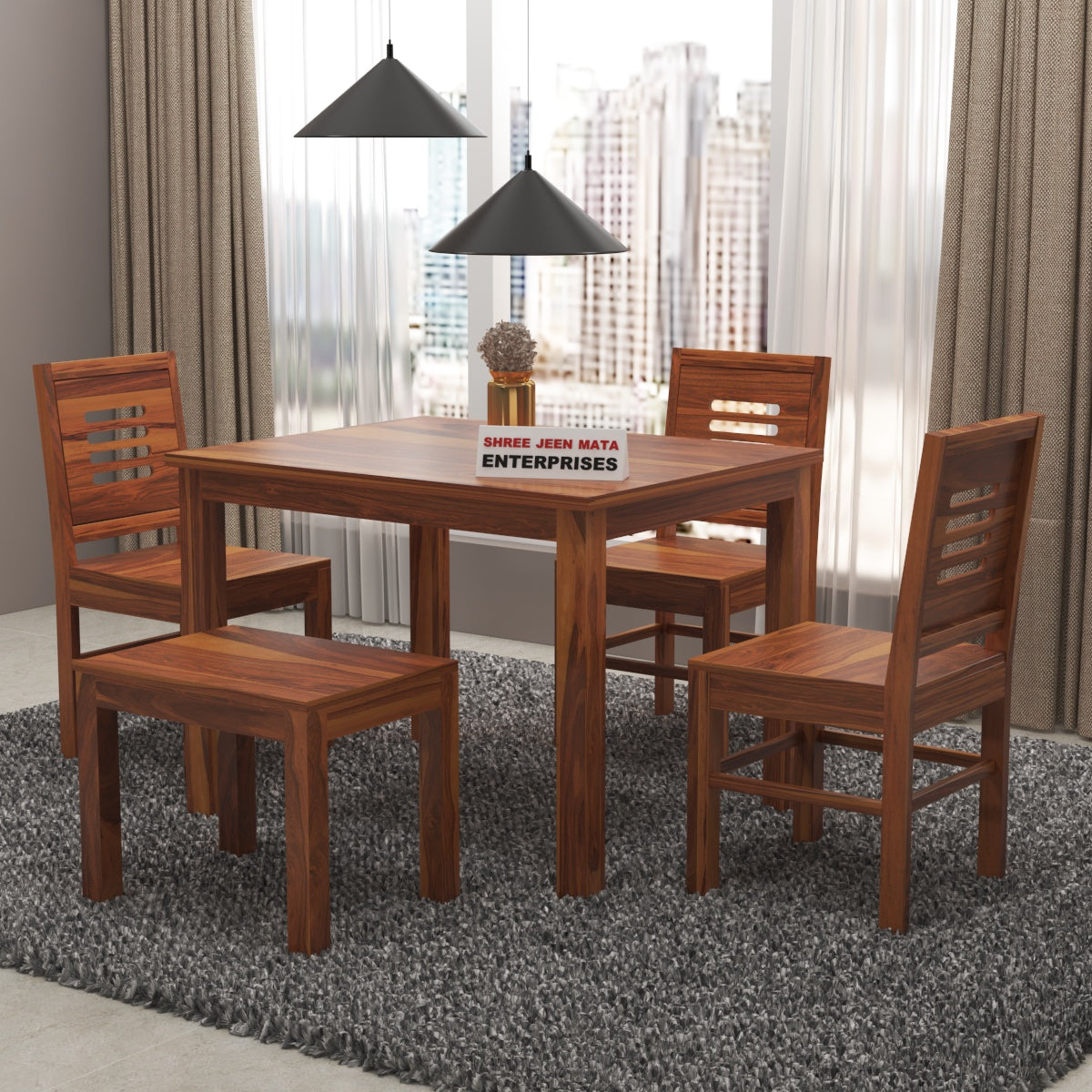 Solid Wood 4 Seater Dining Table Set with 3 Chairs and 1 Bench