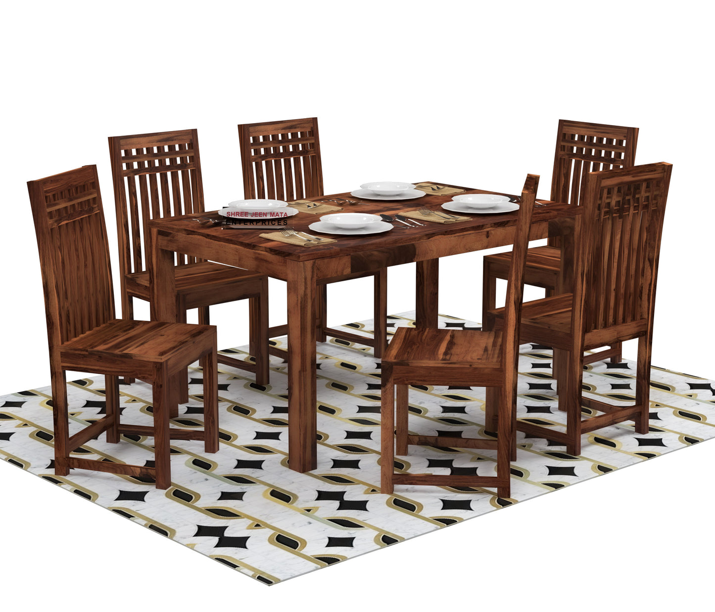 Solid Wood 6 Seater Dining Table Set with Slatted Back Chairs