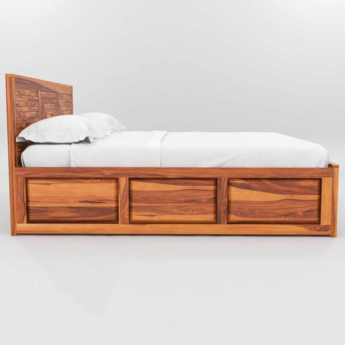 Solid Wood Storage Bed with Designer Panel Headboard – King Size Wooden Bed