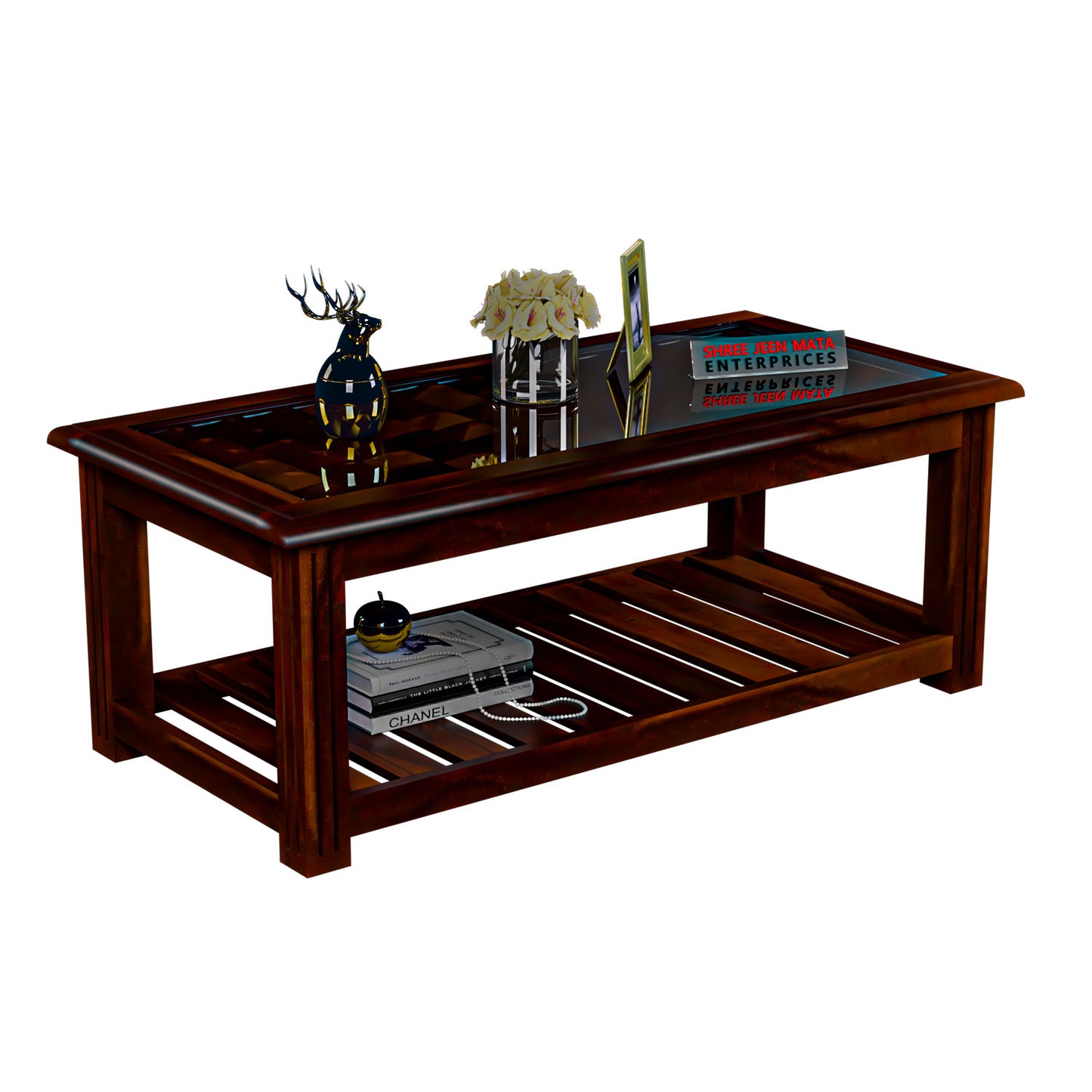 Elegant Solid Wood Coffee Table with Textured Glass Top & Storage Shelf