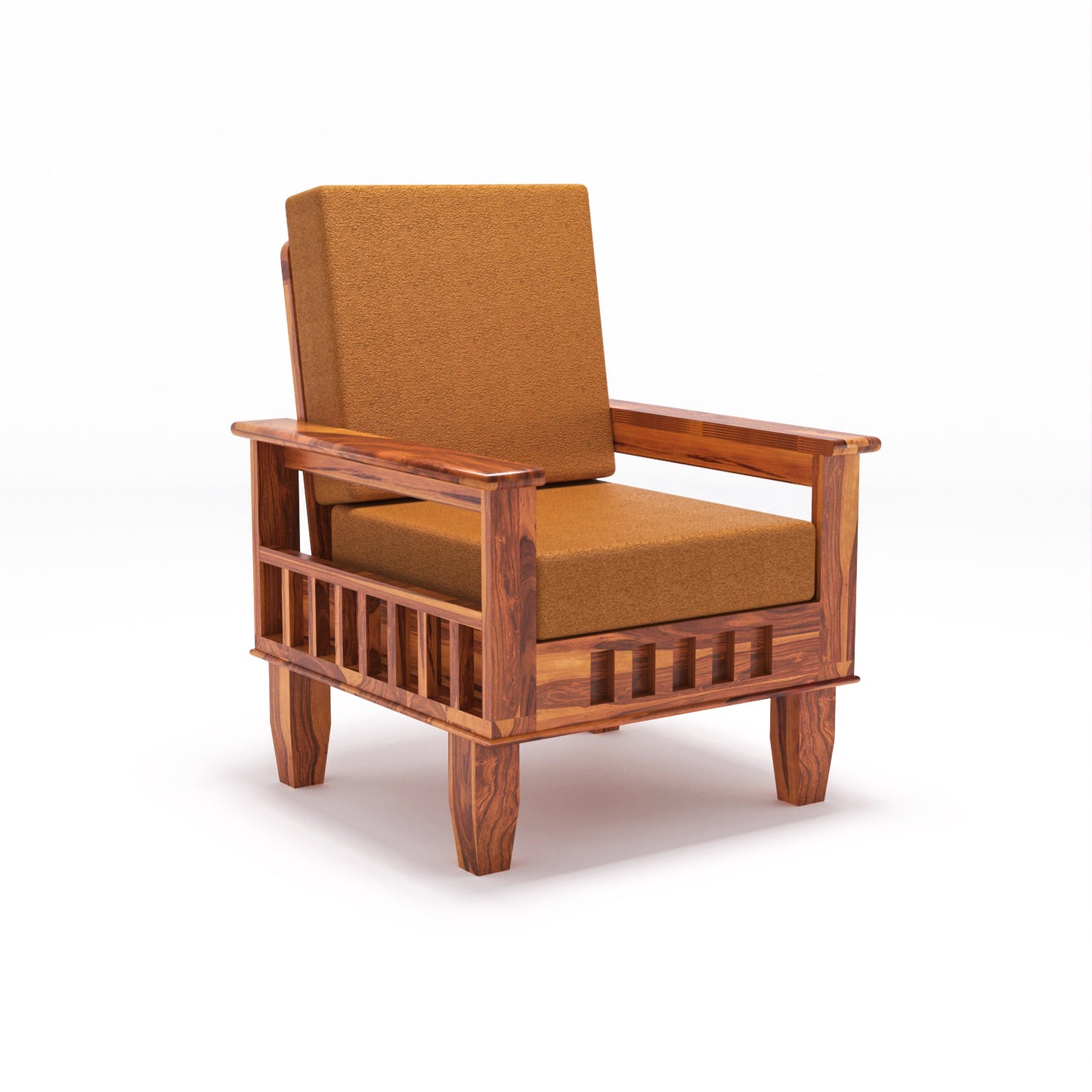 Solid Wood Single Seater Sofa with Natural & Walnut Finish and Cushioned Comfort