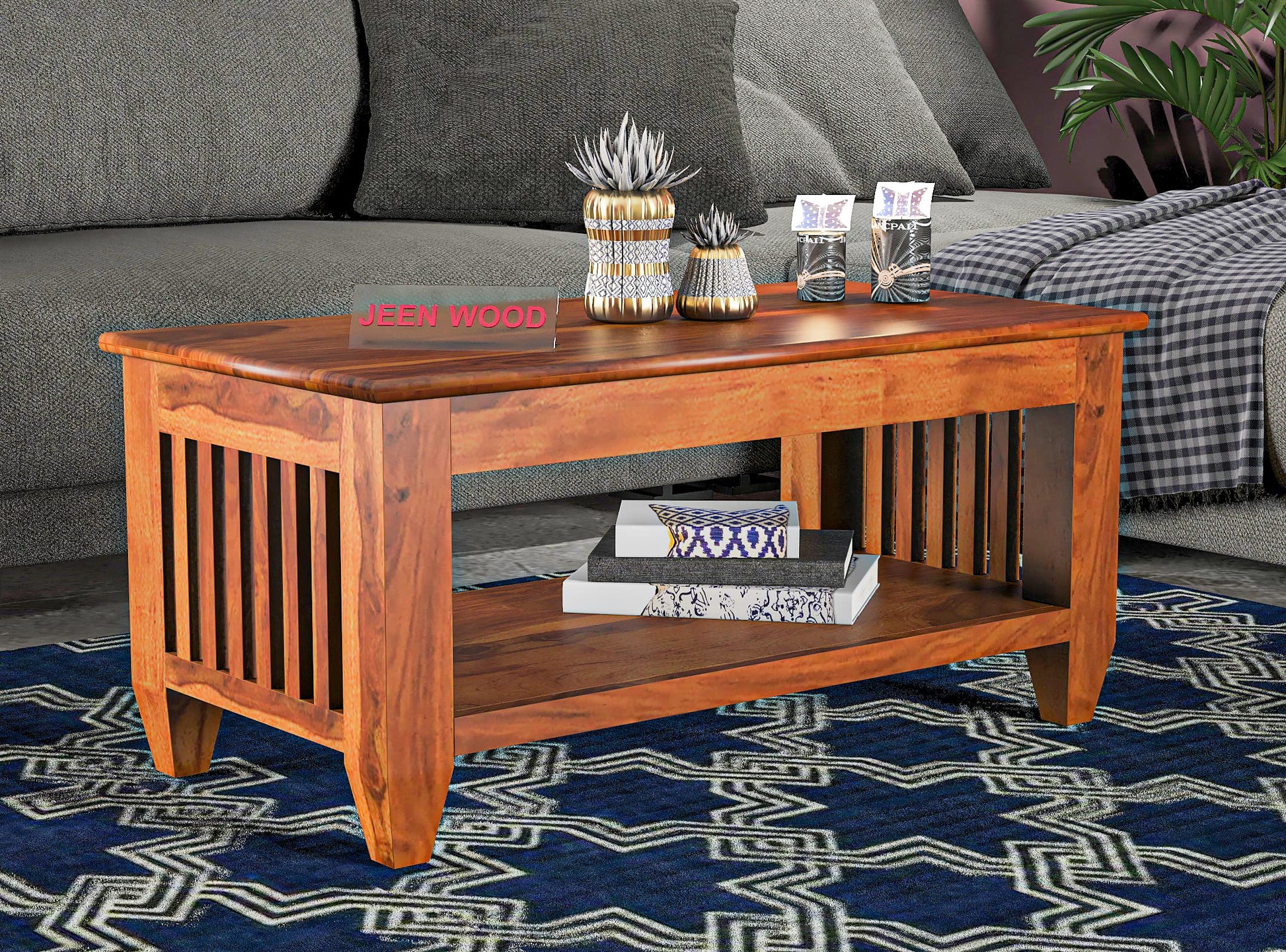 Jeenwood Jeeen Wood Solid Sheesham Wooden Center Table, Coffee Table, for Living Room Furniture - Honey Finish - Honey Finish