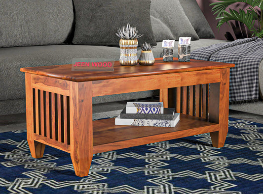 Jeenwood Jeeen Wood Solid Sheesham Wooden Center Table, Coffee Table, for Living Room Furniture - Honey Finish - Honey Finish