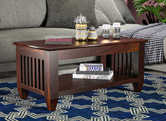 Jeenwood Solid Sheesham Wood Wooden Centre Table, Coffee Table, Center Table Teapoy for Living Room, Bedroom, Wooden Home Furniture - Walnut Finish
