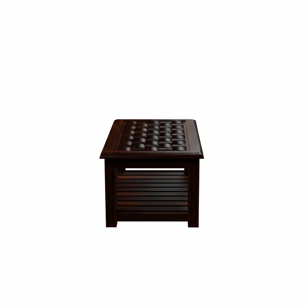 Handcrafted Solid Wood Coffee Table with Carved Top & Open Shelf