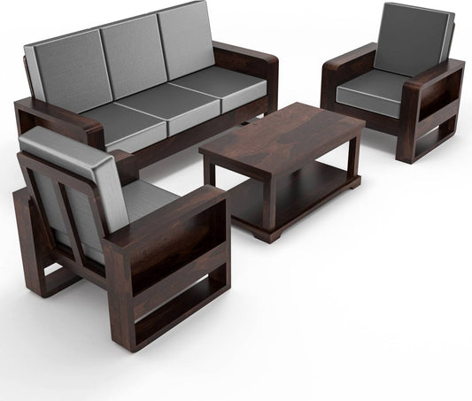 Solid Wood 4 Seater Sofa Set with Bottle Grey Polycotton Cushions & Center Table