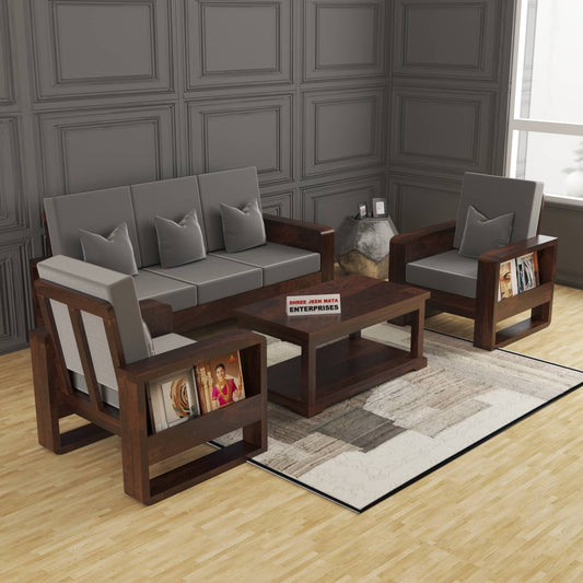 Solid Wood 4 Seater Sofa Set with Bottle Grey Polycotton Cushions & Center Table