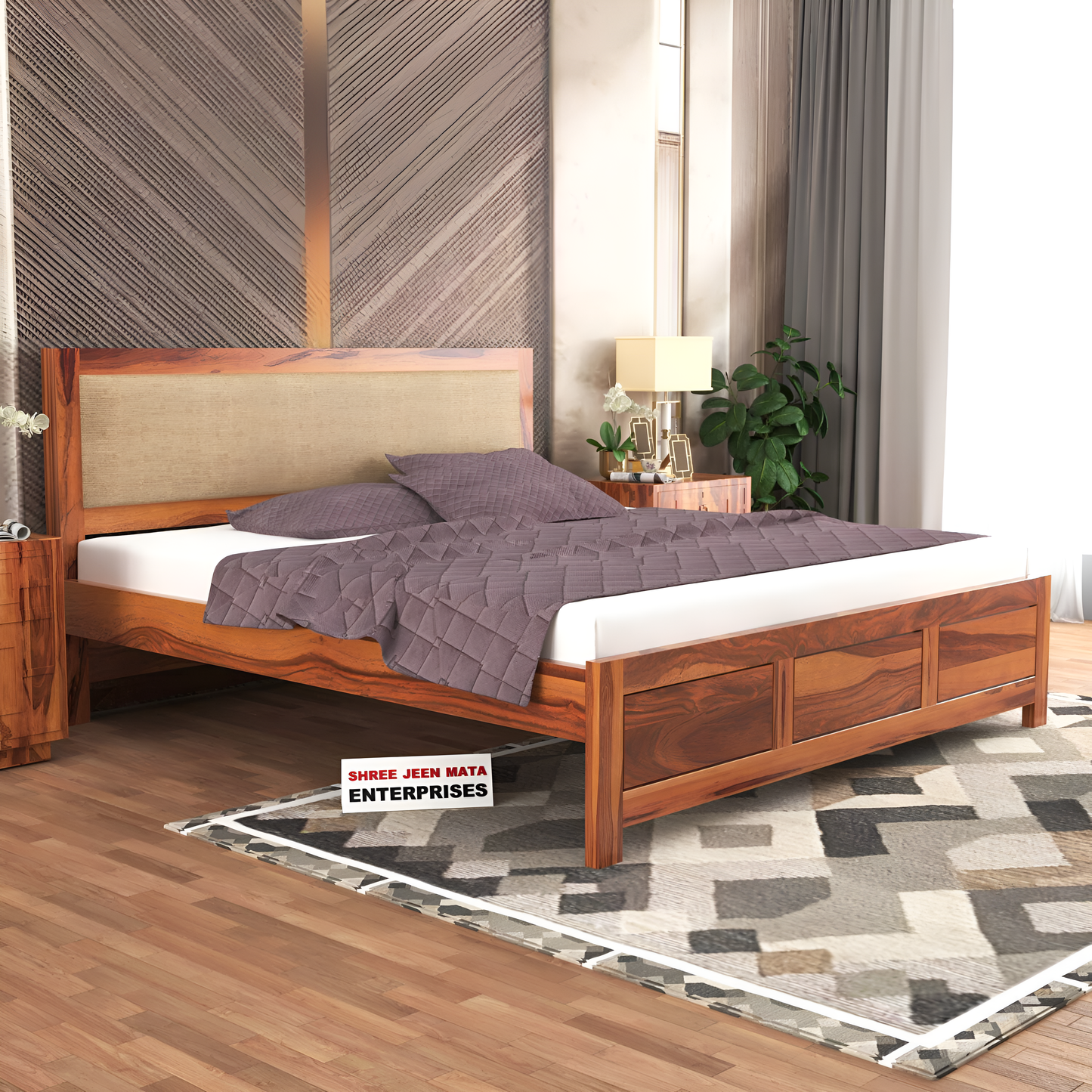 Handcrafted Solid Wood King Size Bed with Upholstered Headboard