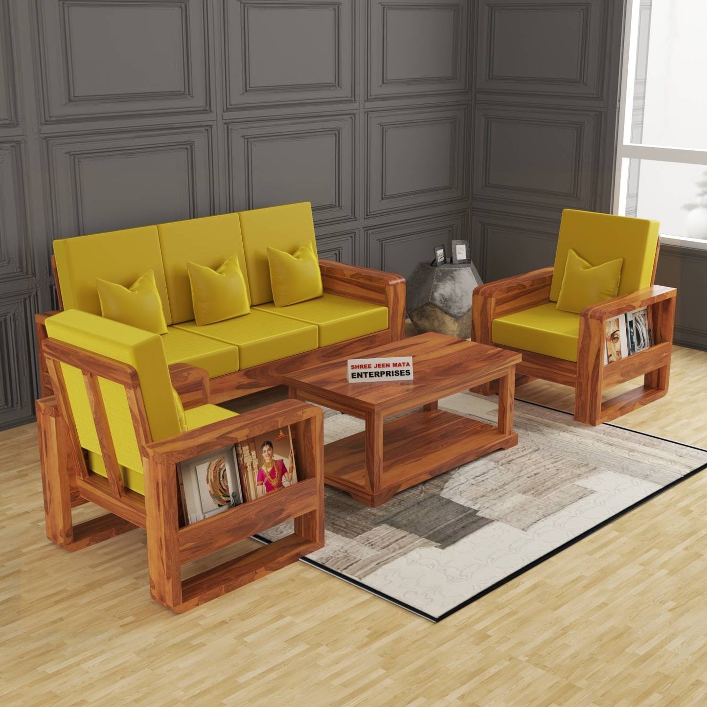 Solid Wood 5 Seater Wooden Sofa Set (3+1+1) with Polycotton Upholstery