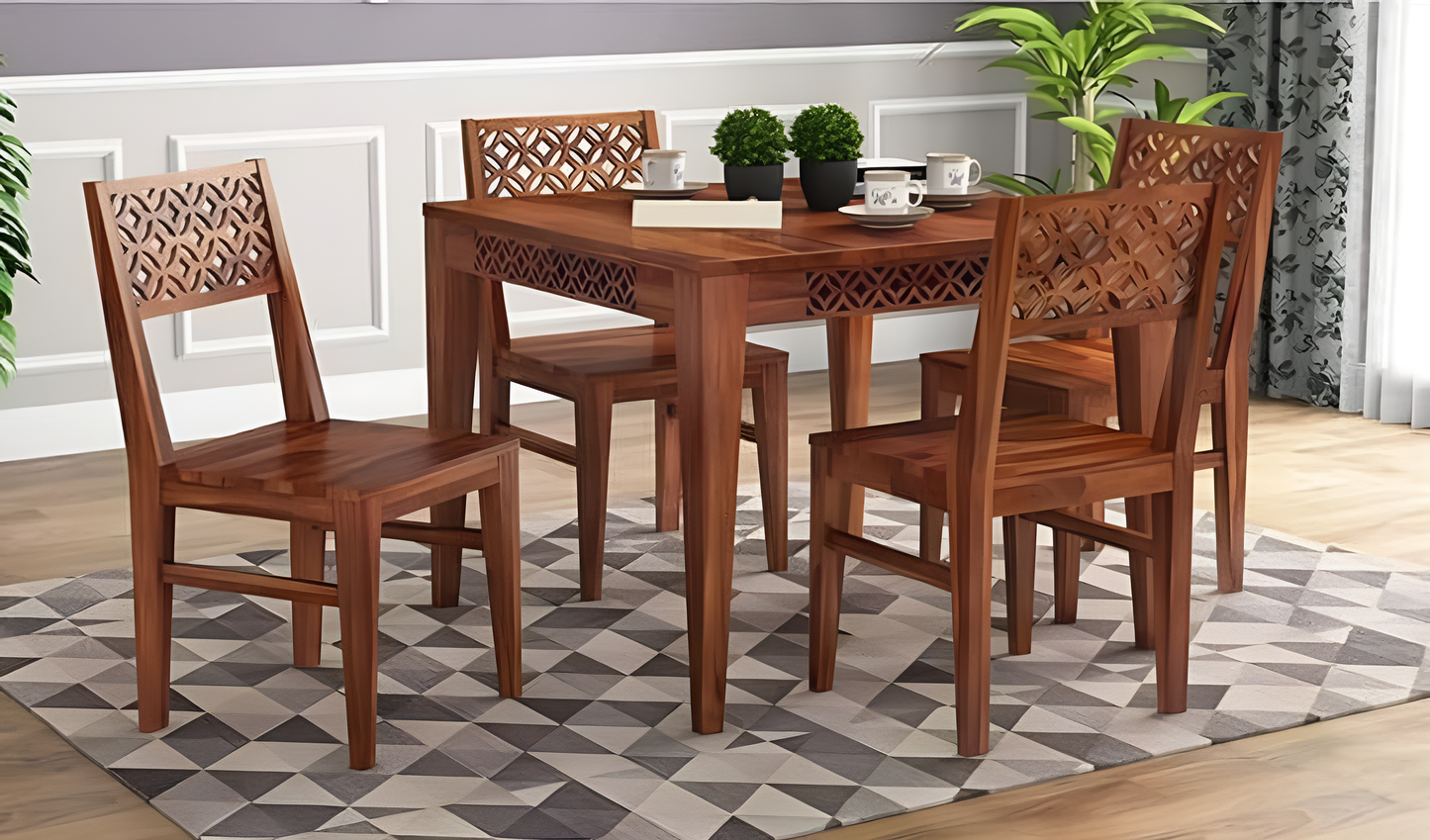 Solid Wood 4 Seater Dining Table Set with 4 Chairs