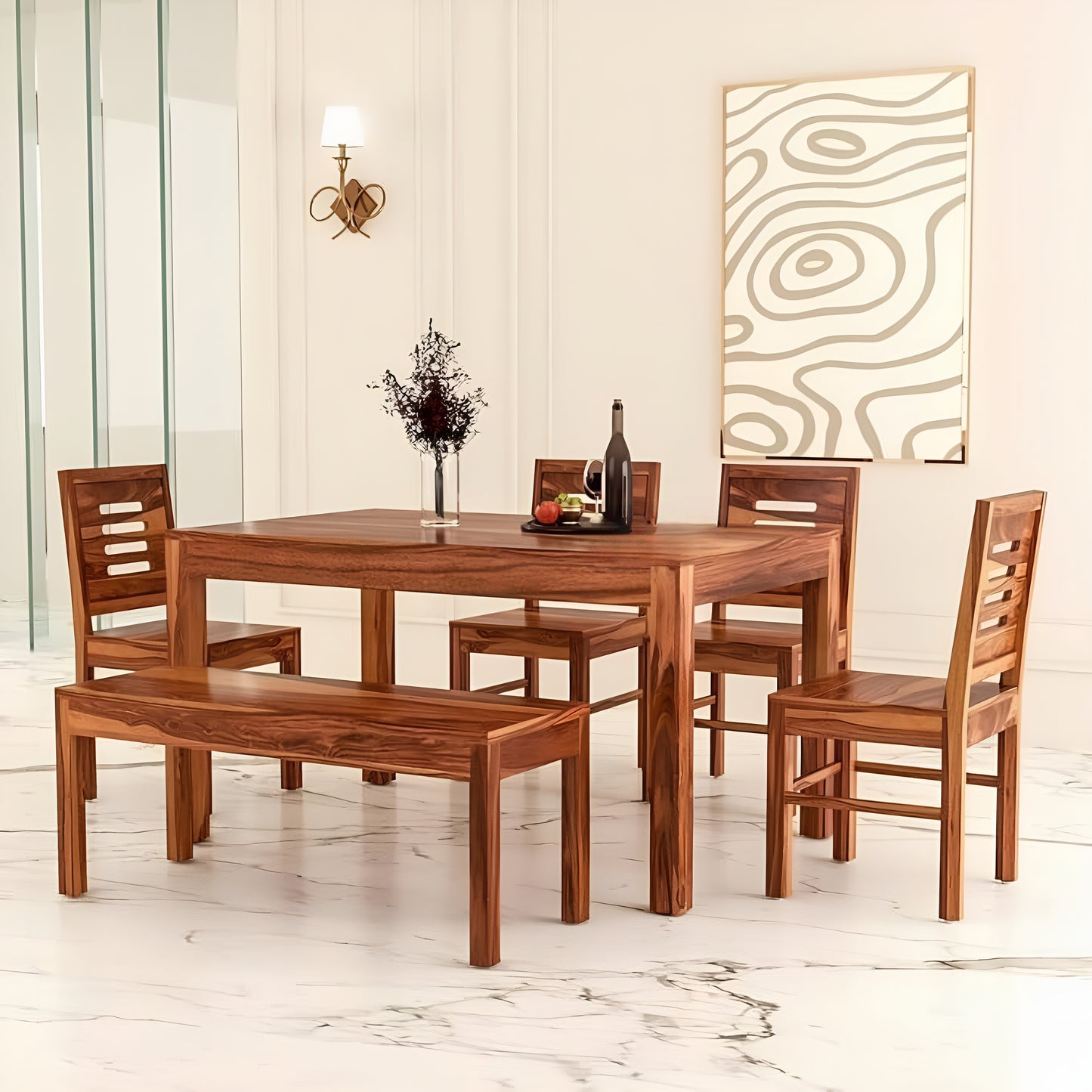 Solid Wood 6 Seater Dining Table Set with Bench