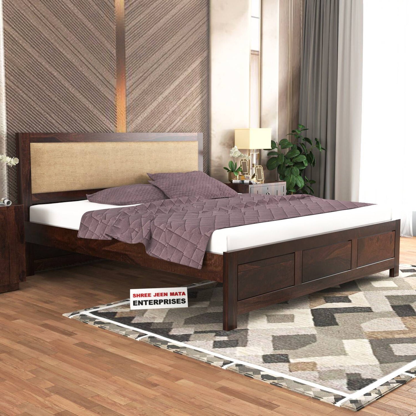 Handcrafted Solid Wood King Size Bed with Upholstered Headboard