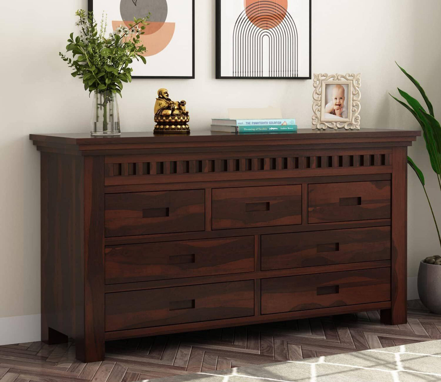Solid Sheesham Wood Chest of Drawers with 7 Storage Drawers