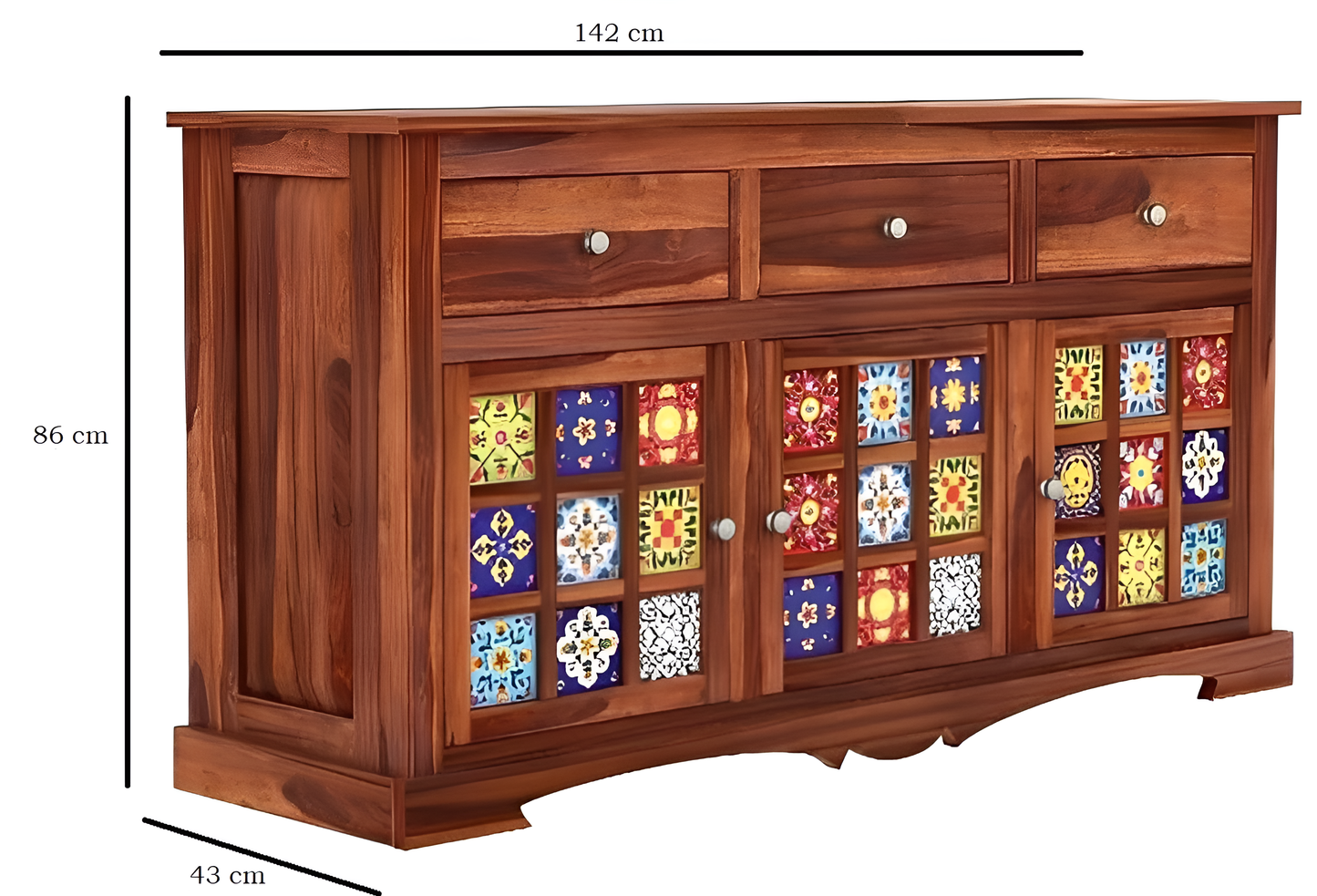 Handcrafted Solid Wood Sideboard with Ceramic Tile Doors & Storage Drawers