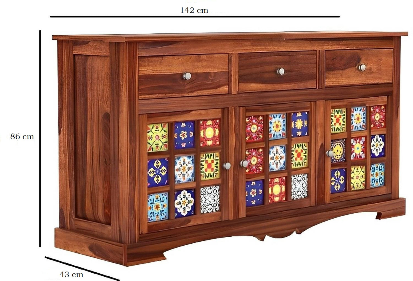 Handcrafted Solid Wood Sideboard with Ceramic Tile Doors & Storage Drawers