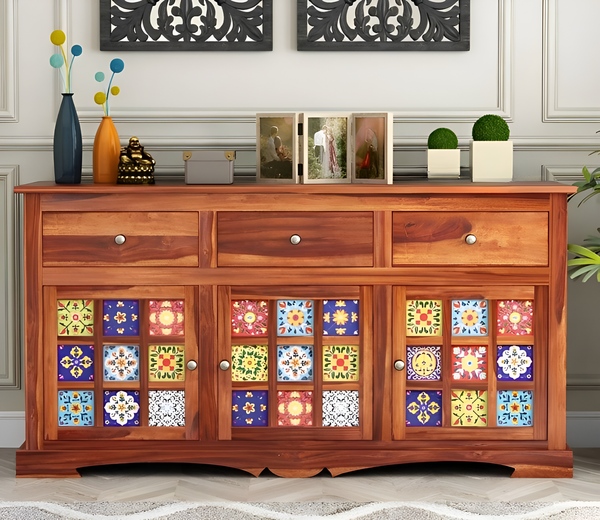 Handcrafted Solid Wood Sideboard with Ceramic Tile Doors & Storage Drawers