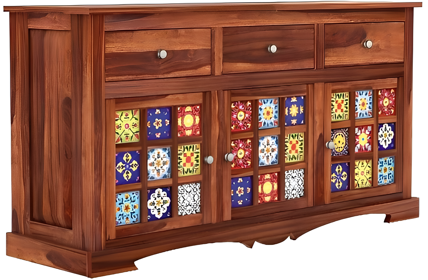 Handcrafted Solid Wood Sideboard with Ceramic Tile Doors & Storage Drawers
