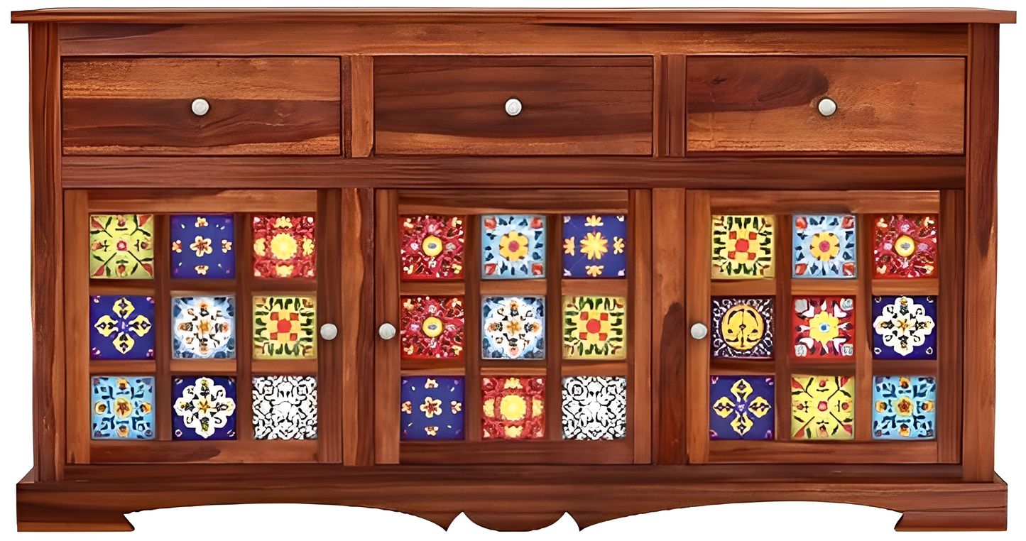 Handcrafted Solid Wood Sideboard with Ceramic Tile Doors & Storage Drawers