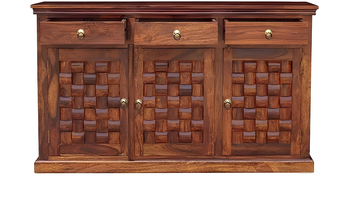 Handcrafted Solid Wood Sideboard with 3D Geometric Carved Doors & Top Drawers